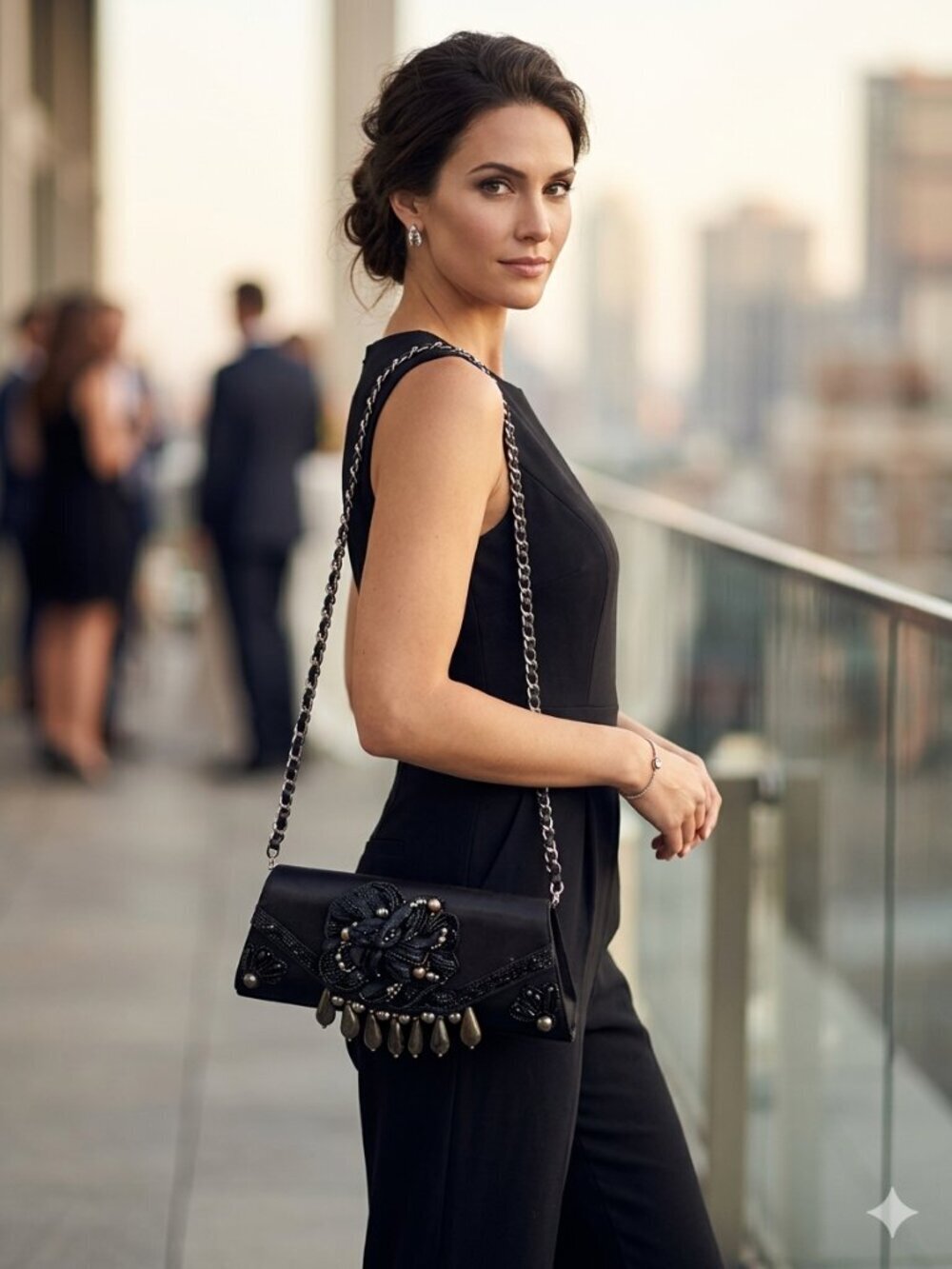 Women Vintage Small Black Satin Beaded Evening Shoulder Clutch Bag Formal Party